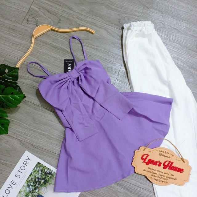 Set Bộ Áo 2 Dây Màu Tím Hottrend Phối Nơ Và Quần Trắng Siêu Yêu LH83