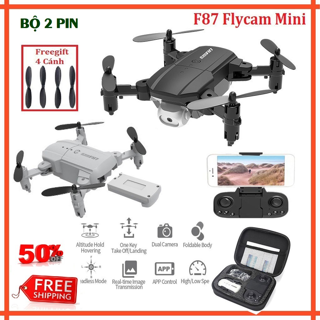 Máy bay Flycam mini 4k giá rẻ Drone F87 kết nối WIFI, 2.4GHZ, ĐỘ PHÂN GIẢI 4K truyền hình ảnh trực tiếp về điện thoại