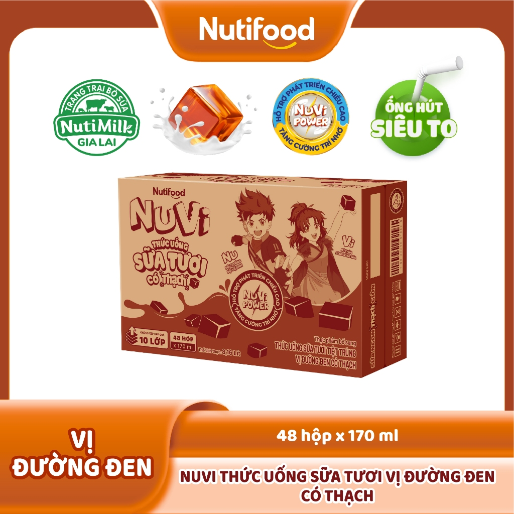 Thùng Sữa Tươi có Thạch vị đường đen Nuvi 170ml (48 Hộp x 170ml) - Phát Triển Chiều Cao, Tăng Cường Trí Nhớ