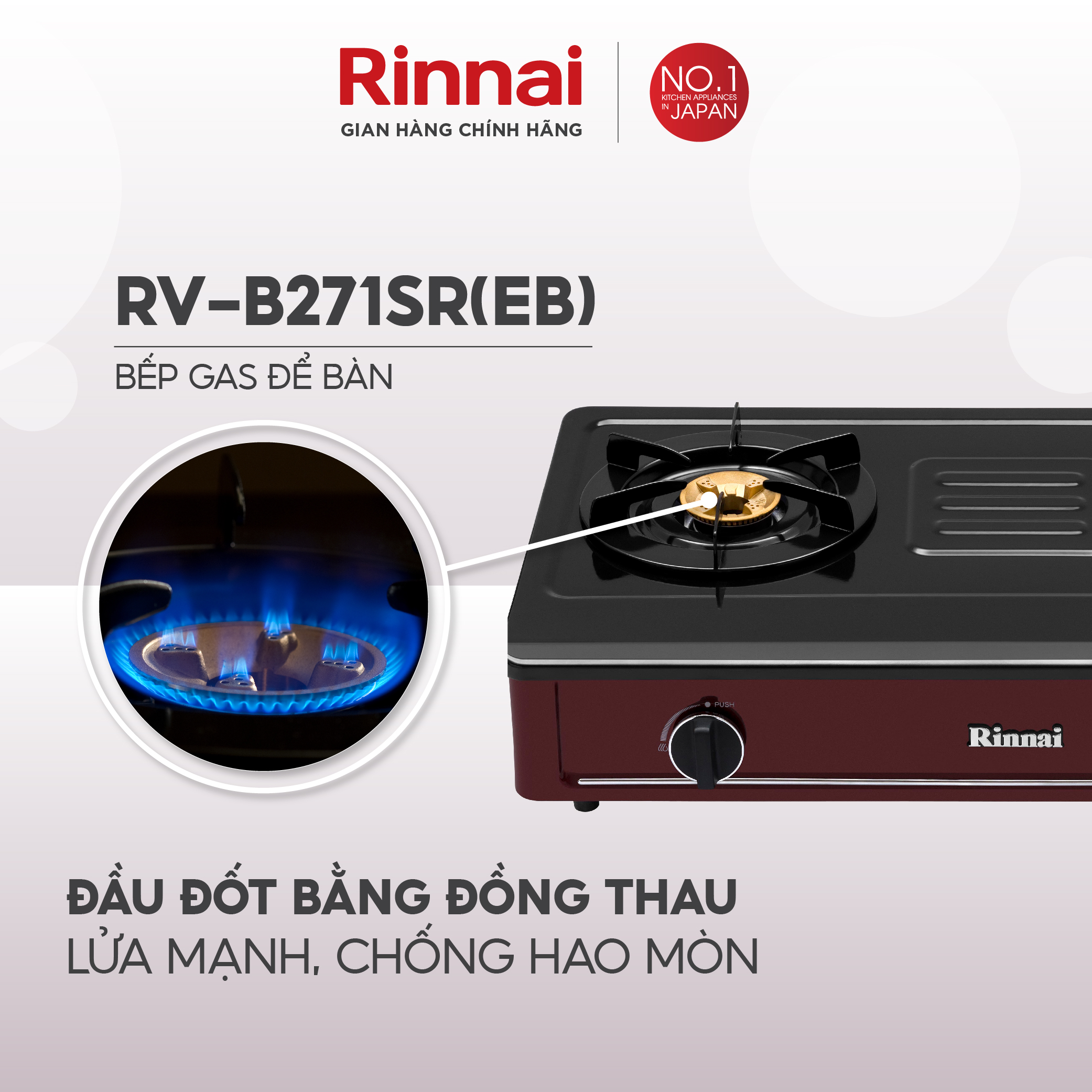 Bếp gas dương Rinnai RV-B271SR(EB) mặt bếp men và kiềng bếp men - Hàng chính hãng.