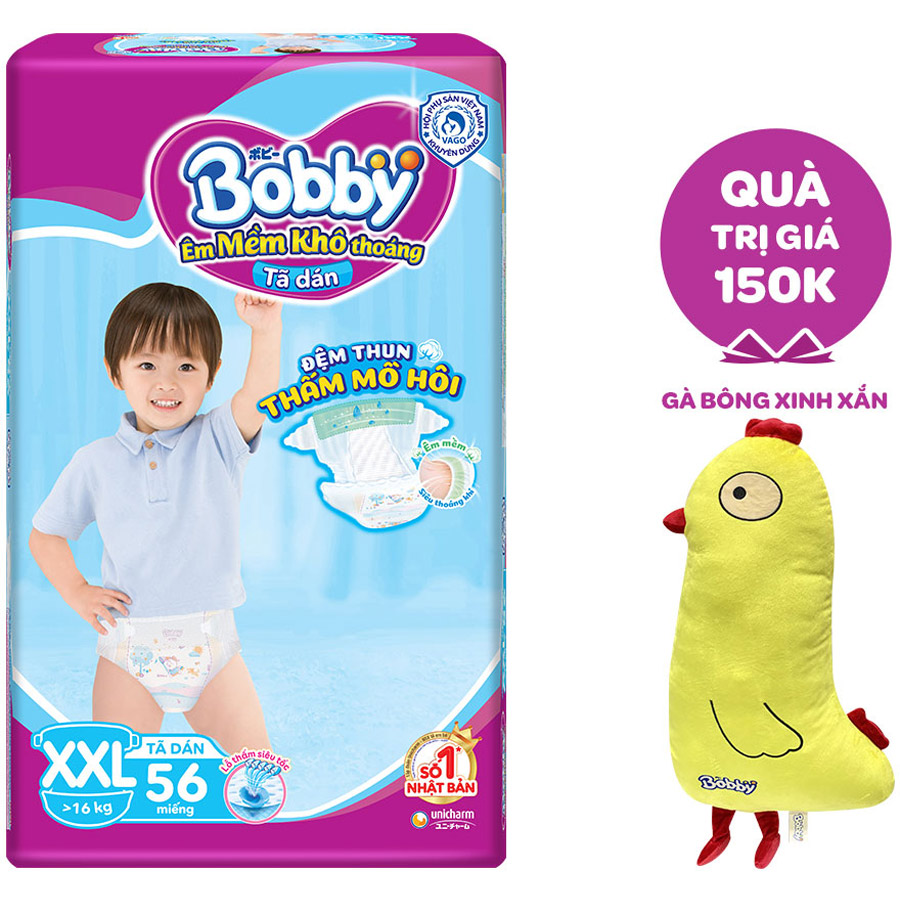 Tã Dán Bobby - Đệm Thun Thấm Mồ Hôi XXL56 (56 Miếng) - Tặng 1 Gà Bông Xinh Xắn