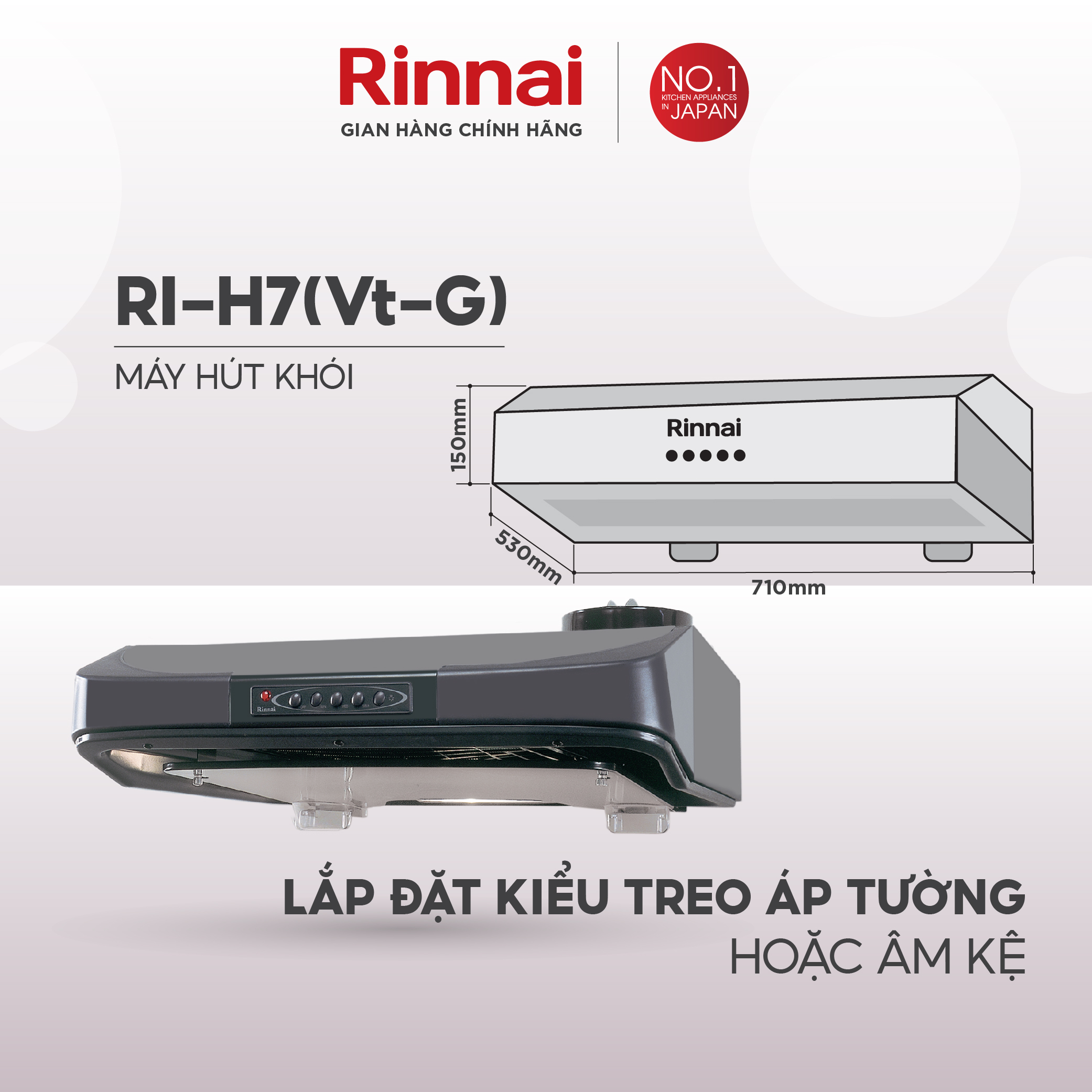 Máy hút mùi 70cm Rinnai RI-H7(Vt-G) ống thoát 161W - Hàng chính hãng.