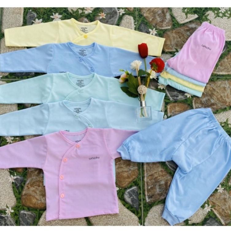 Bộ sơ sinh cotton UNCHI Xuân hè dài tay quần đáp đũng cho bé 3-9kg BSS320