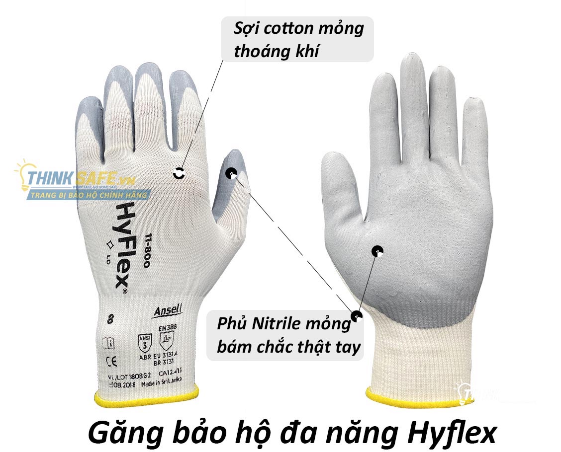 Găng tay đa năng Ansell Hyflex 11-800 bao tay chống dầu nhớt, ôm sát tay, độ khéo léo cao, bao tay bảo hộ lao động cơ khí, kỹ thuật chính xác (Pro Code: 11800080, 11800090)