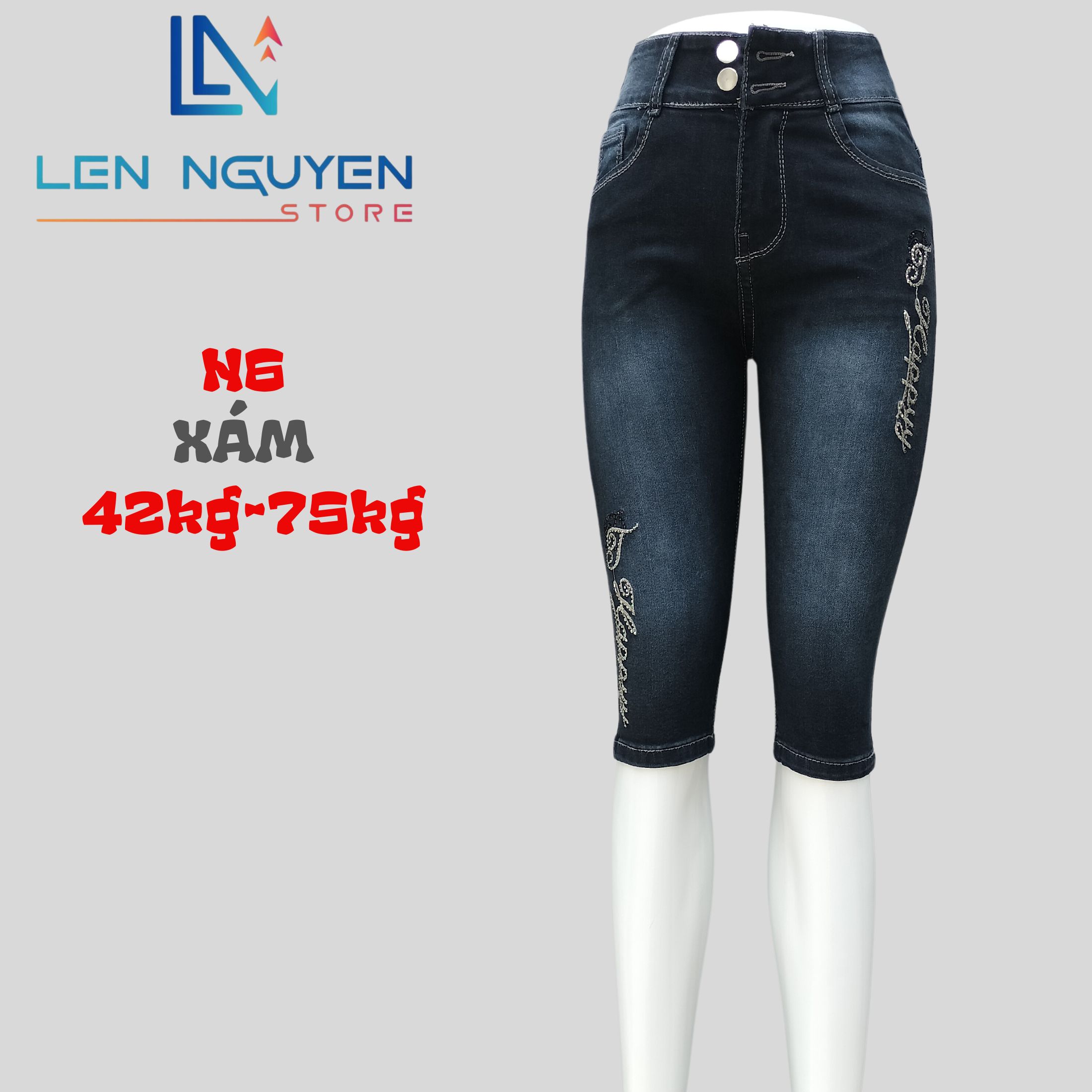 N6_7 tất thêu ép đá 27-35 xám và xanh nhạt, Quần bò Nữ Lưng Cao Size 27-35 Cho 43KG- 76KG Pants Women