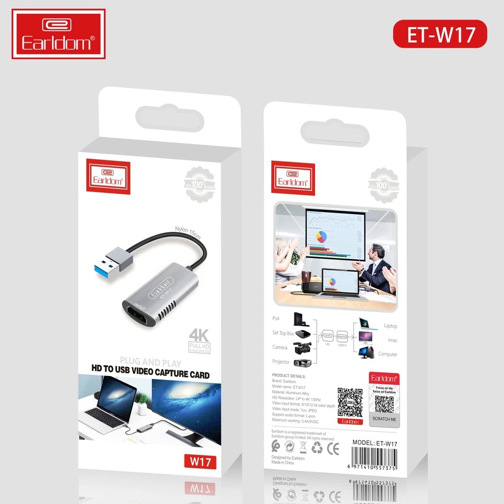 Bộ Chuyển USB Ra HDMI Earldom W17 ( Hỗ trợ livestream ghi hình từ điện thoại, camera, PS4, XBOX vào máy tính) - Hàng Chính Hãng