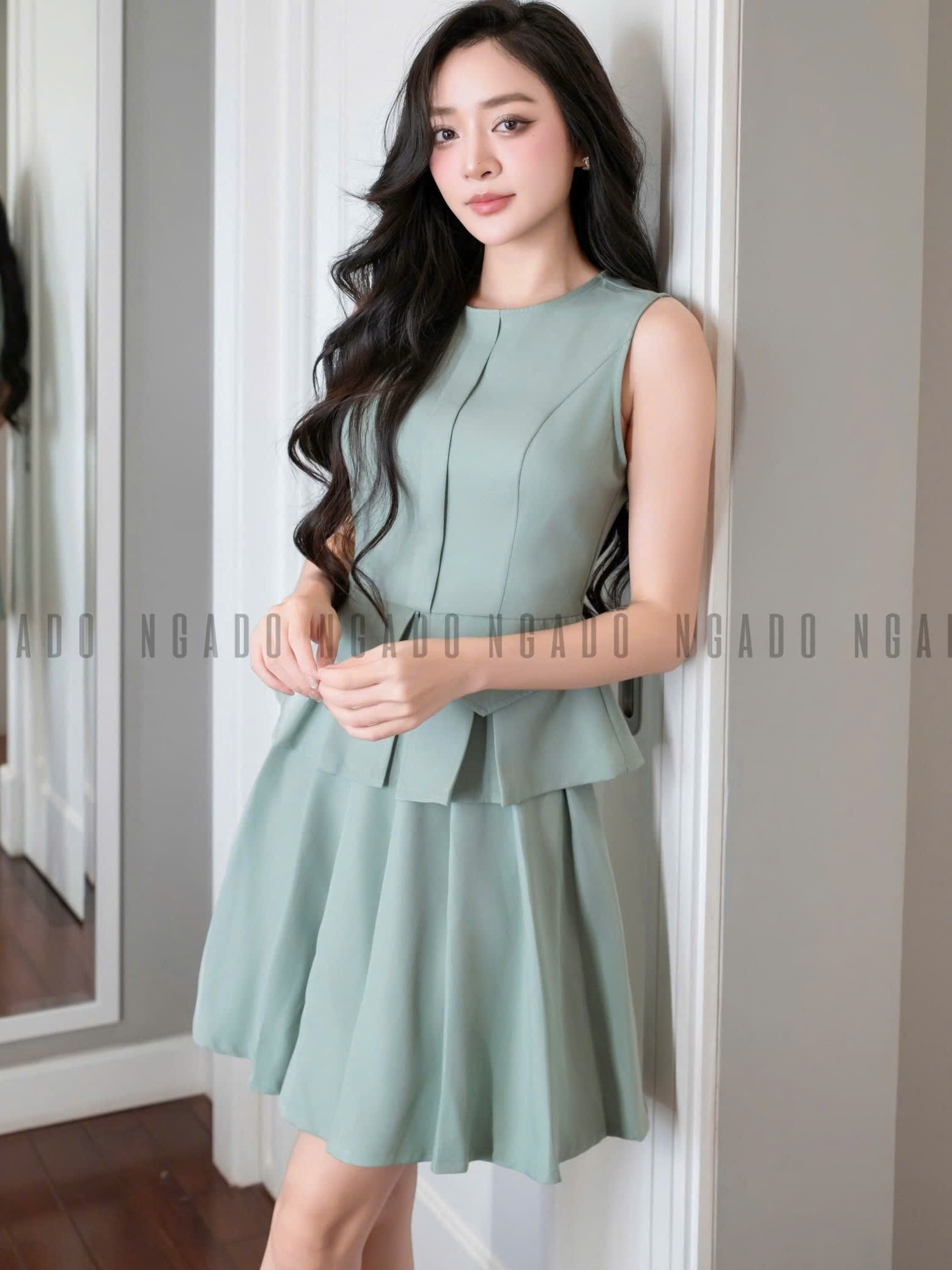 Set áo váy xanh mint xếp ly NGADO , set áo váy ngắn , set áo váy nữ , set công sở