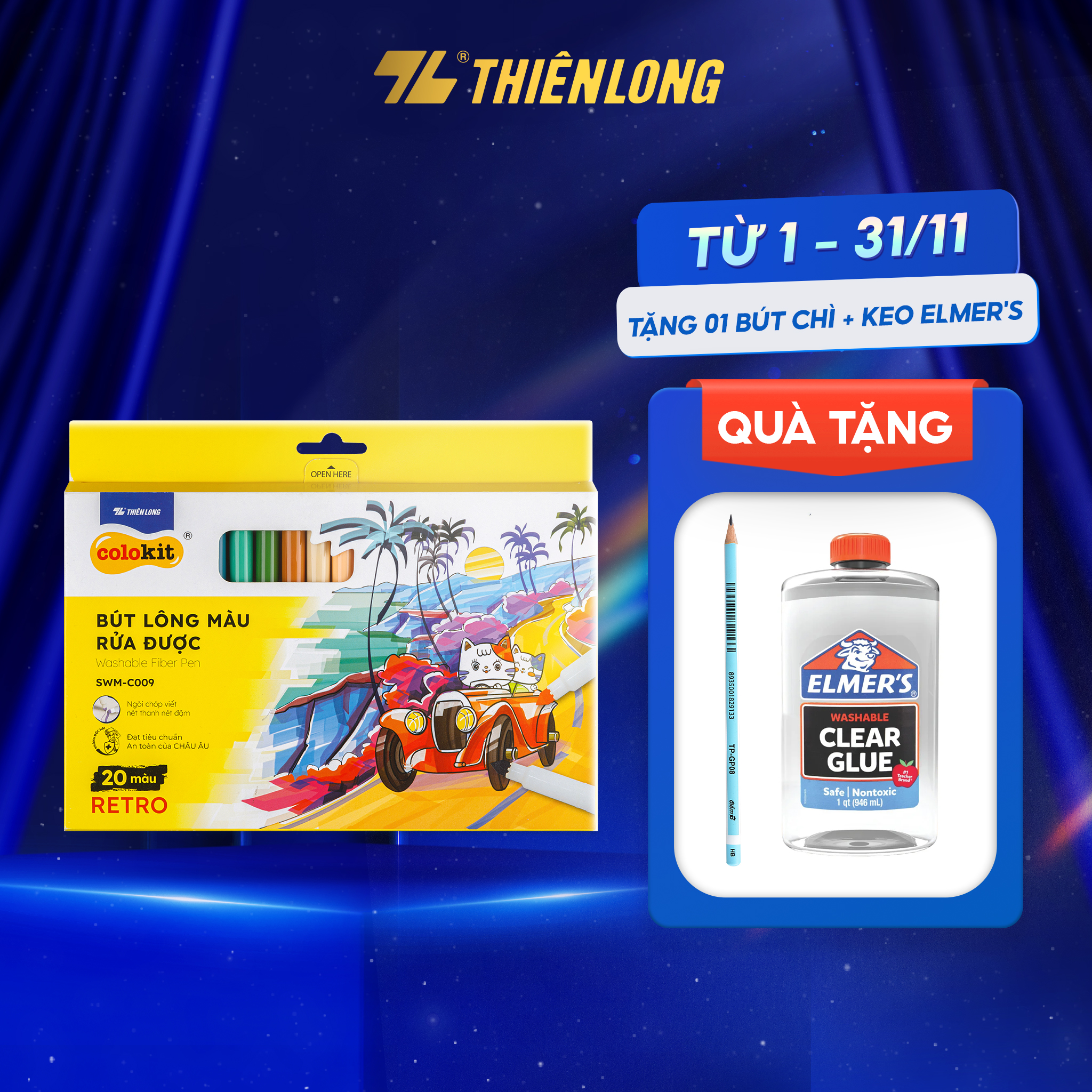 Bút Lông Màu Fiber Pen 20 Màu Retro Thiên Long Colokit Rửa Được Ngòi Chóp Viết Nét Thanh Nét Đậm Swm - C009