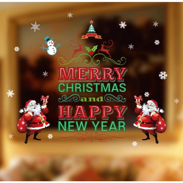 Decal dán tường trang trí Noel - Merry Christmas and Happy New Year Xanh Đỏ