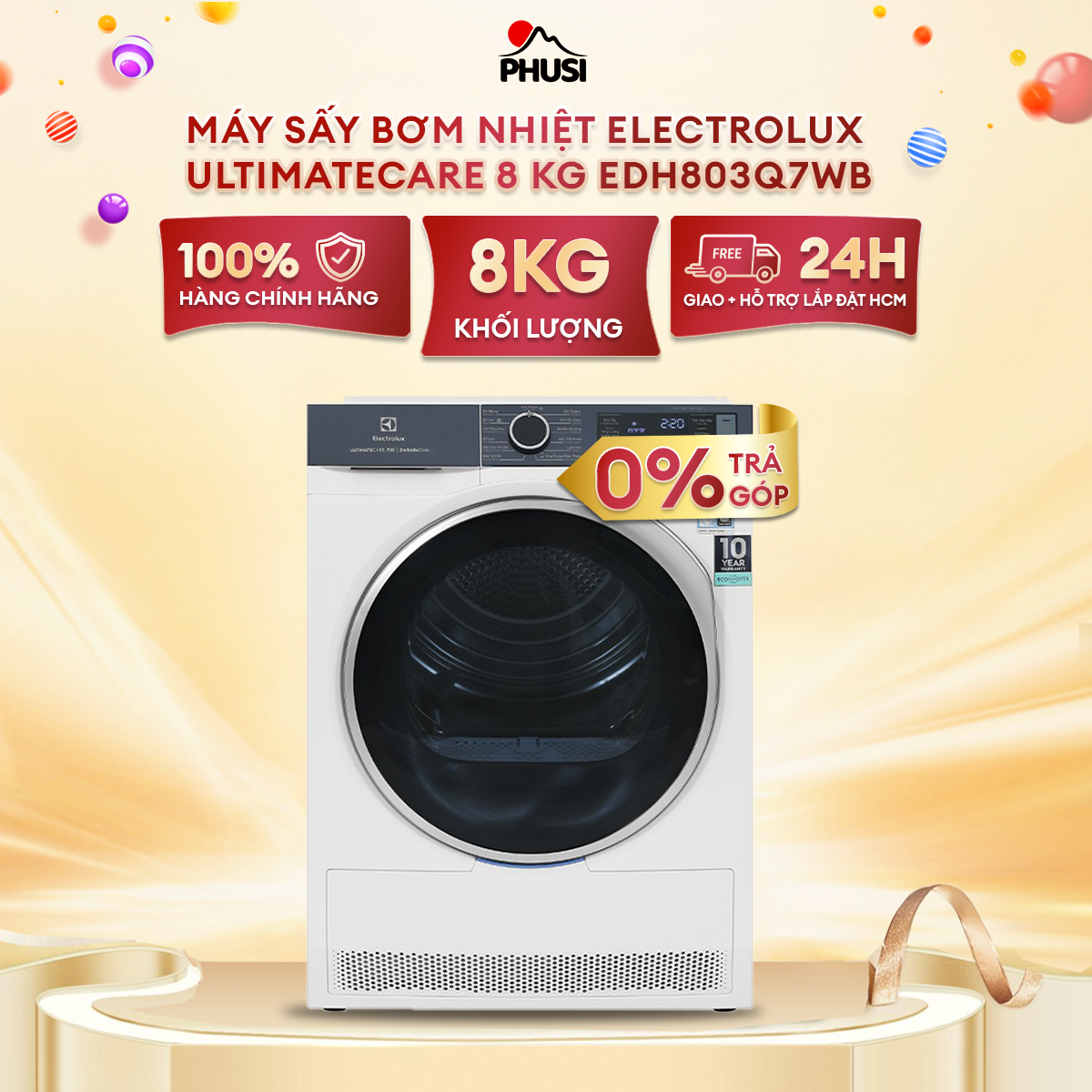 Máy Sấy Bơm Nhiệt Electrolux EDH803Q7WB - Hàng Chính Hãng