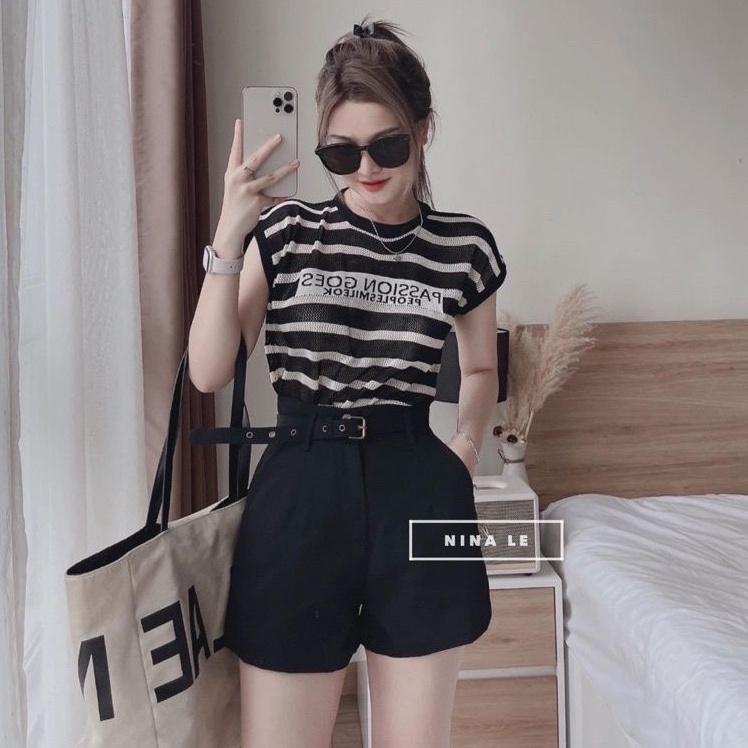 Áo LƯỚI len Montoghi dệt kim Quảng Châu KẺ SỌC VAI HẾN in chữ xinh xắn và năng động