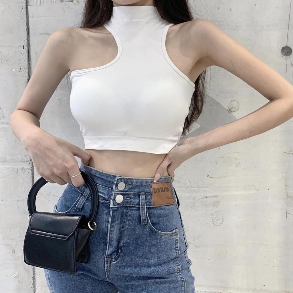MS637 Áo kiểu nữ cổ yếm cao cut out sát nách croptop cá tính