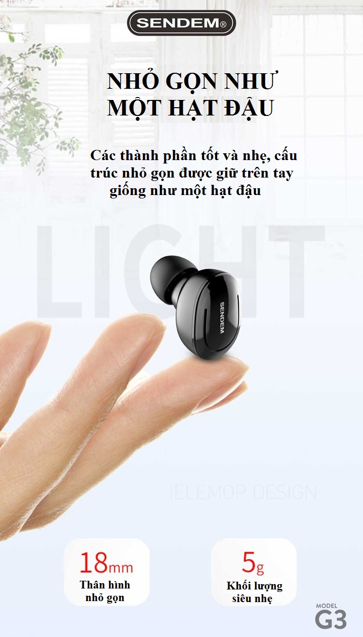 Tai nghe Bluetooth True Wireless SENDEM G3 V5.0 siêu nhỏ - Hàng chính hãng