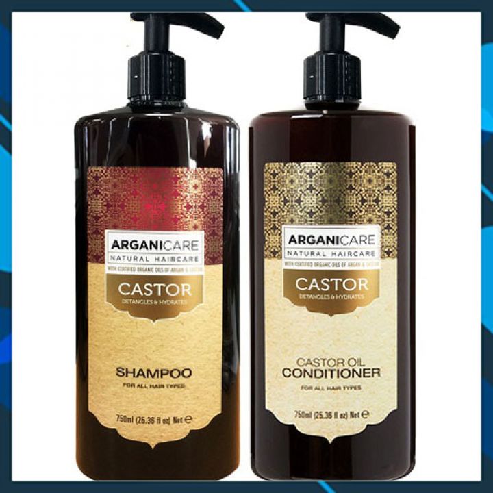 Bộ gội xả dưỡng ẩm phục hồi ngăn ngừa rụng tóc Arganicare Castor shampoo &amp; conditioner for all hair types 750ml