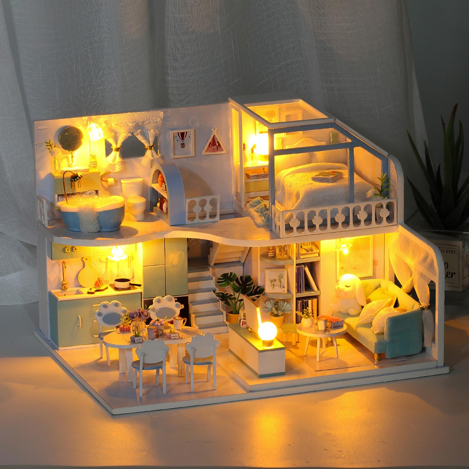 DIY Miniature Dollhouse Kit Miniature House Kit 3D Realistic Wooden House Room Craft Furniture with LED Lights, not Included Glue Batteries
