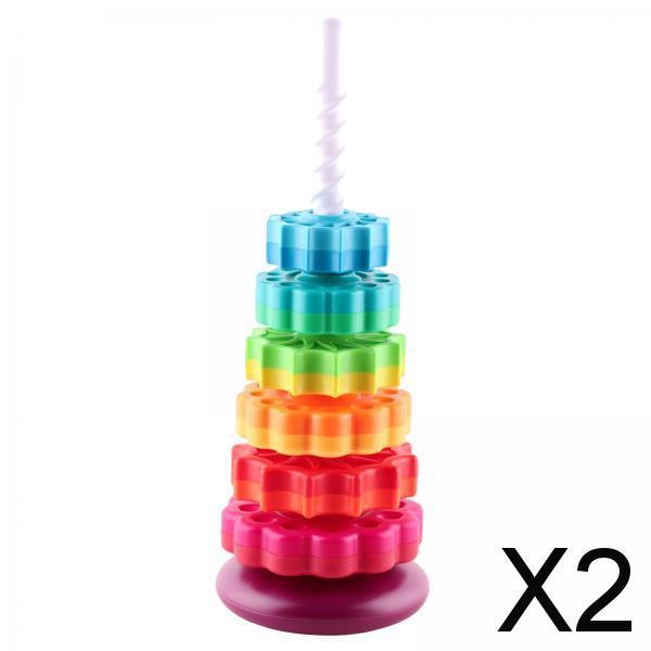 2xPlastic Rainbow Tower Stacking Toy Shape Color Recognition Building Blocks