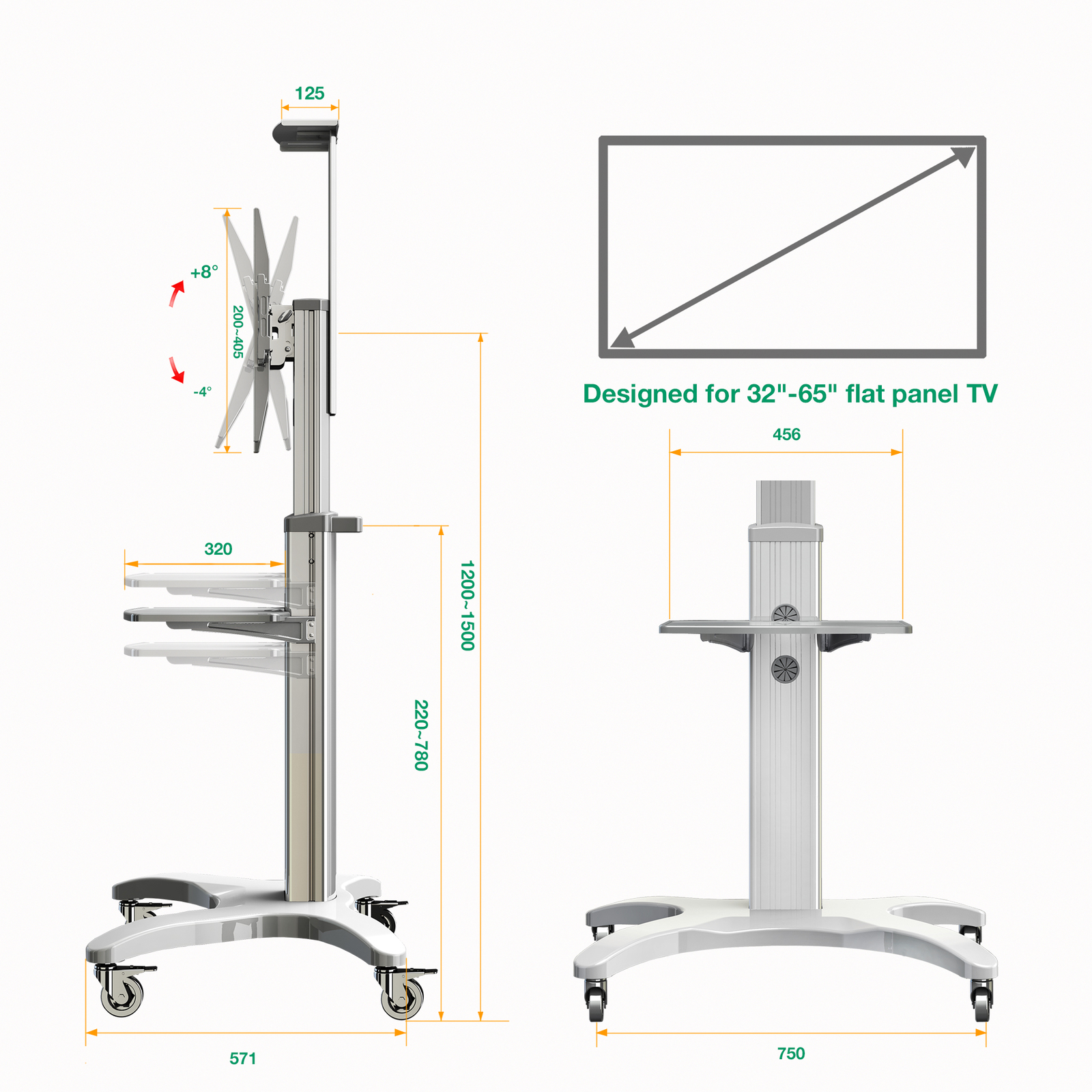 Giá treo tivi di động nhập khẩu D10-AVF1500 màu trắng tuyệt đẹp cho tivi 32-65 inch