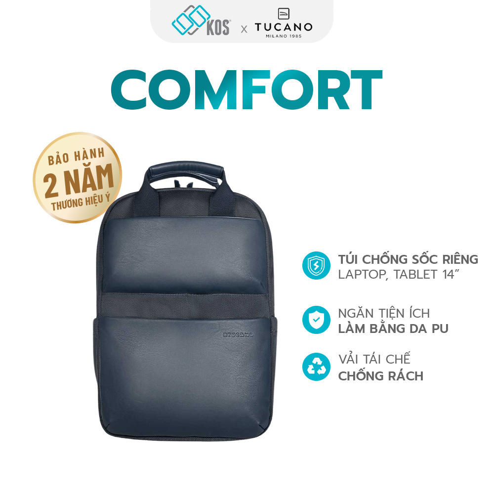 Balo Laptop TUCANO COMFORT 14” , màu Blue, đựng laptop 14 inch, thương hiệu Ý, bảo hành 2 năm