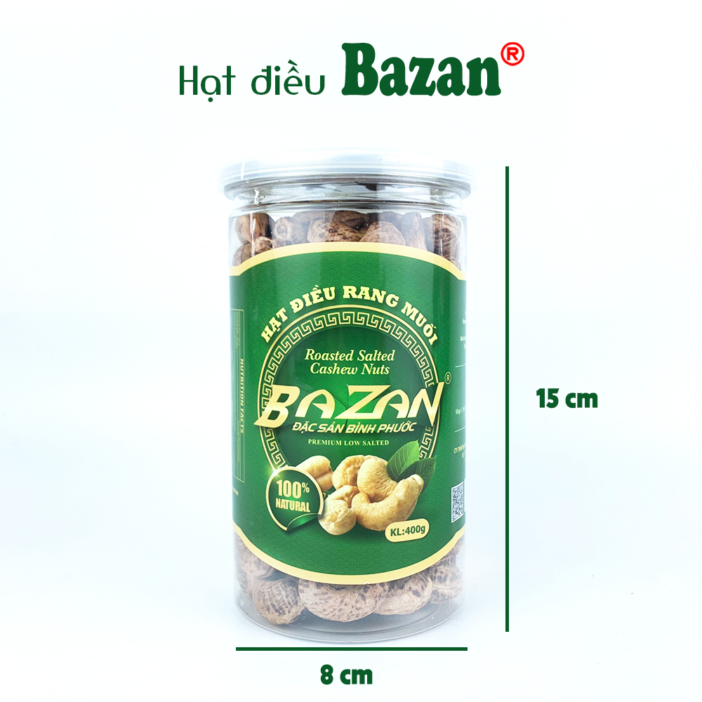 Hạt điều rang muối Bazan Bình Phước nguyên hạt dinh dưỡng A+ loại 1 hộp 400g nắp bật còn vỏ lụa