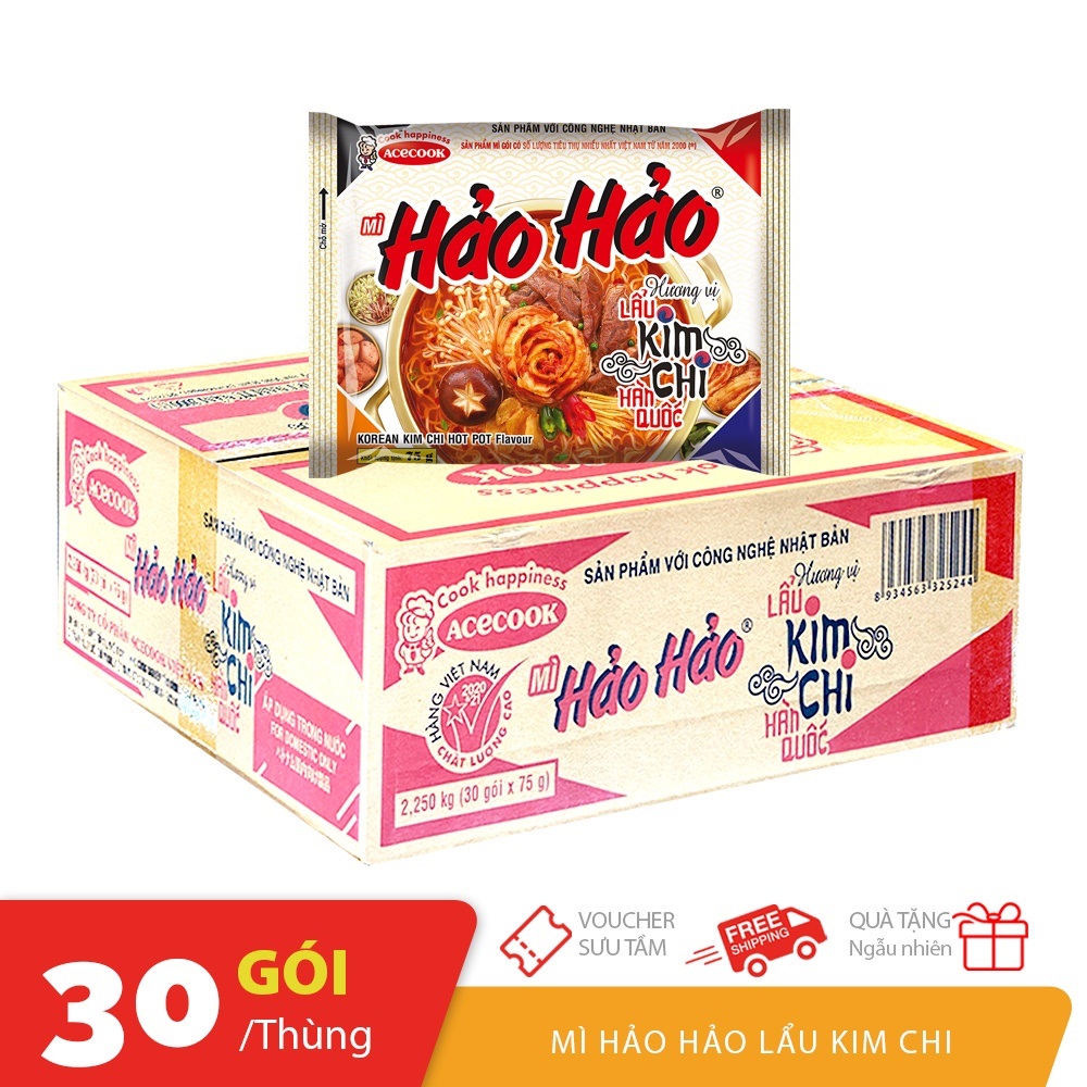 THÙNG 30 GÓI MÌ HẢO HẢO HƯƠNG VỊ LẨU KIM CHI HÀN QUỐC 75GRAM