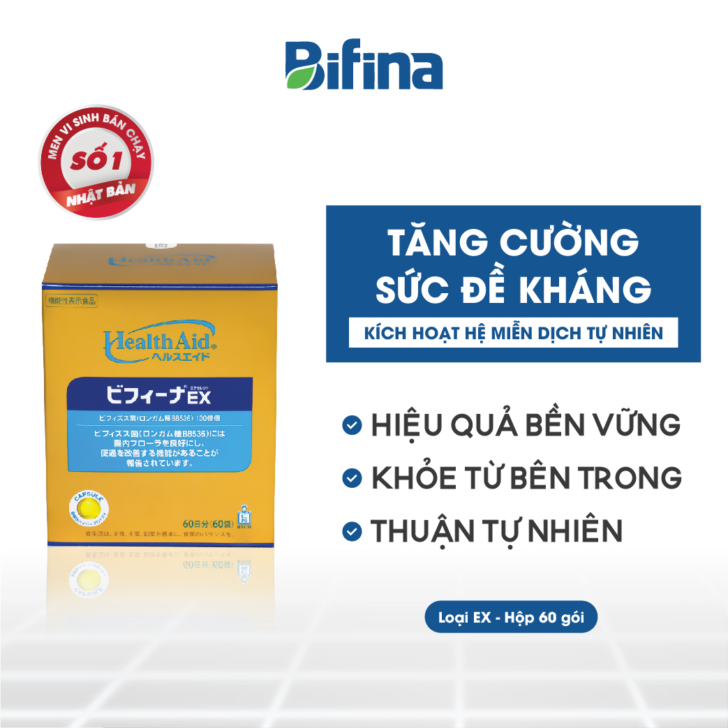 Men vi sinh Bifina Nhật Bản - Tăng Sức Đề Kháng, Hệ Miễn Dịch, Loại EX, Hộp 60 gói