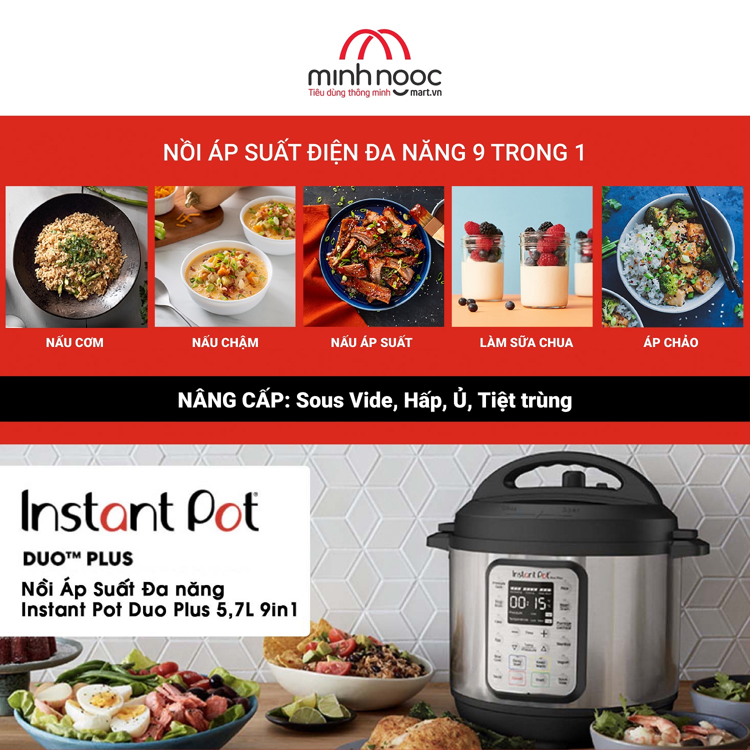 [ Hàng chính hãng Instant Pot ] Nồi áp suất điện Đa Năng Instant Pot Duo Plus, Dung tích 5.7 lít, 9 in 1