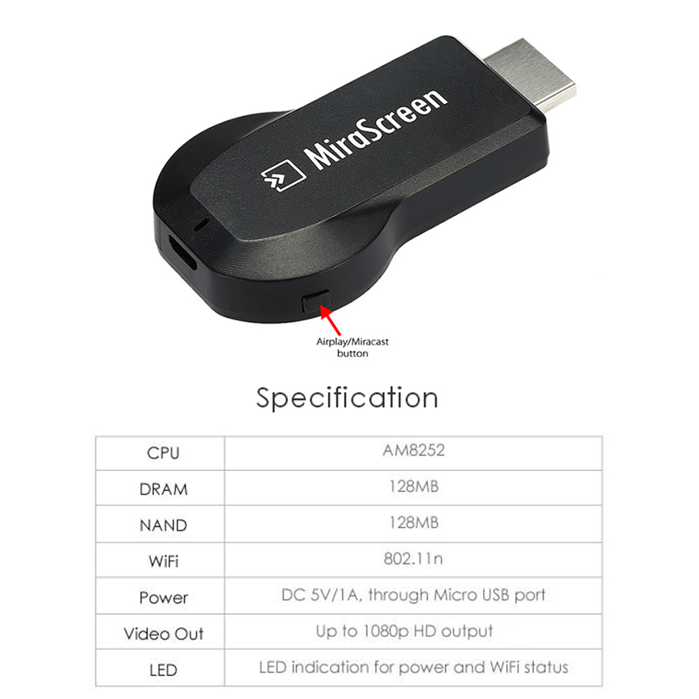 Bộ thu hiển thị Wi-Fi MiraScreen mạnh mẽ Âm thanh & Video 1080P DLNA Airplay Miracast Display Dongle với đầu cắm HD