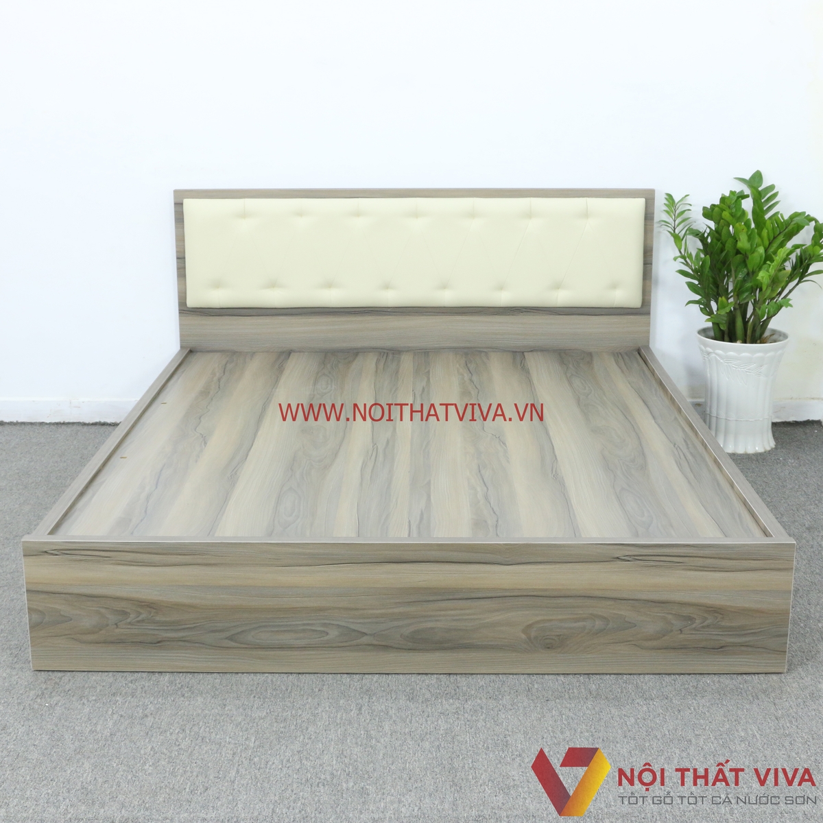 Giường Ngủ Gỗ Mdf Phủ Melamine Bọc Nệm Có Ngăn Kéo Màu Nết + Trắng