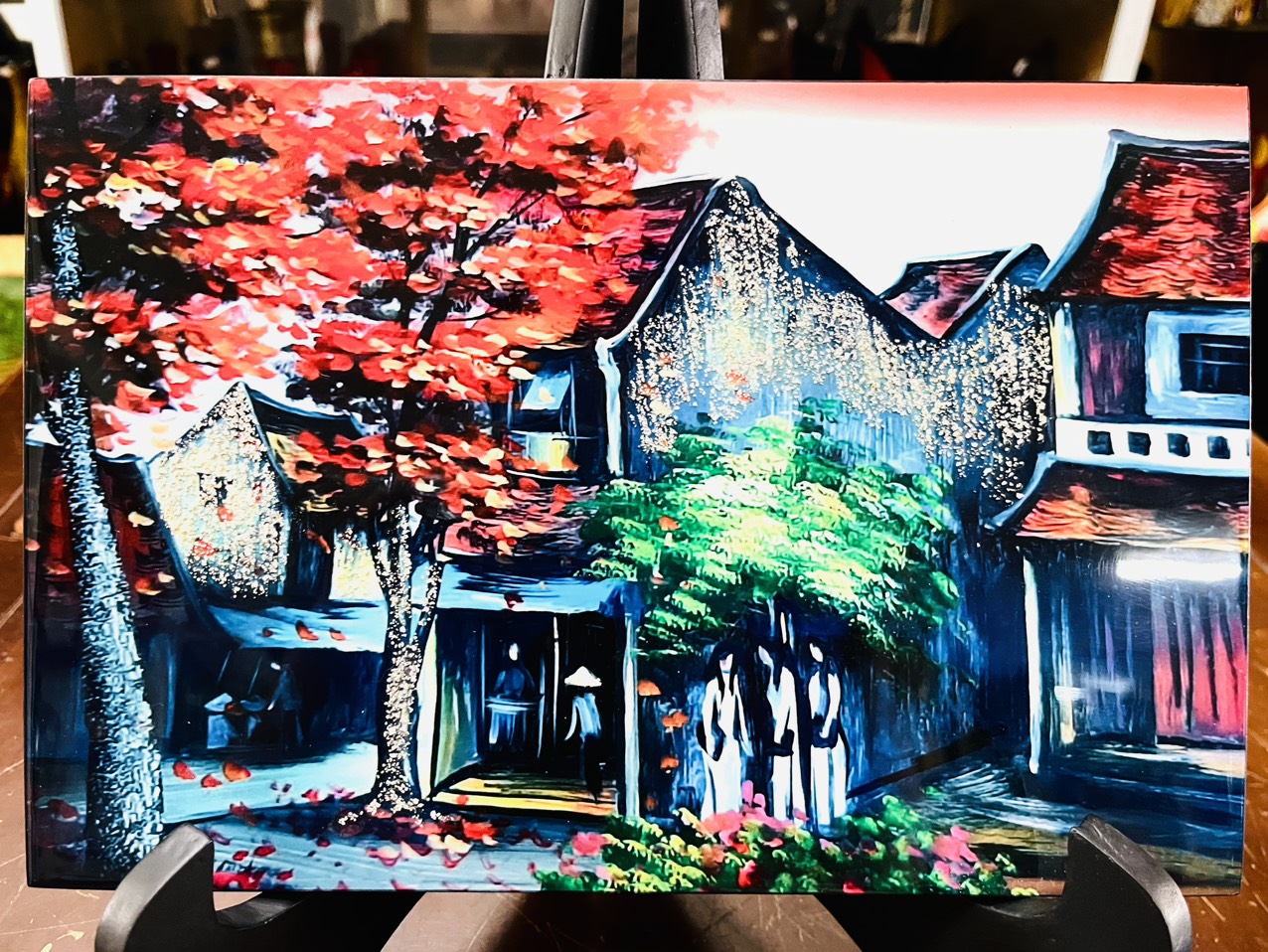 Tranh sơn mài phố cổ vẽ màu cẩn trứng đẹp Thanh Bình Lê size 20x30 cm