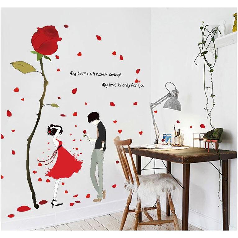 Decal dán tường Hoa hồng đỏ và đôi tình nhân