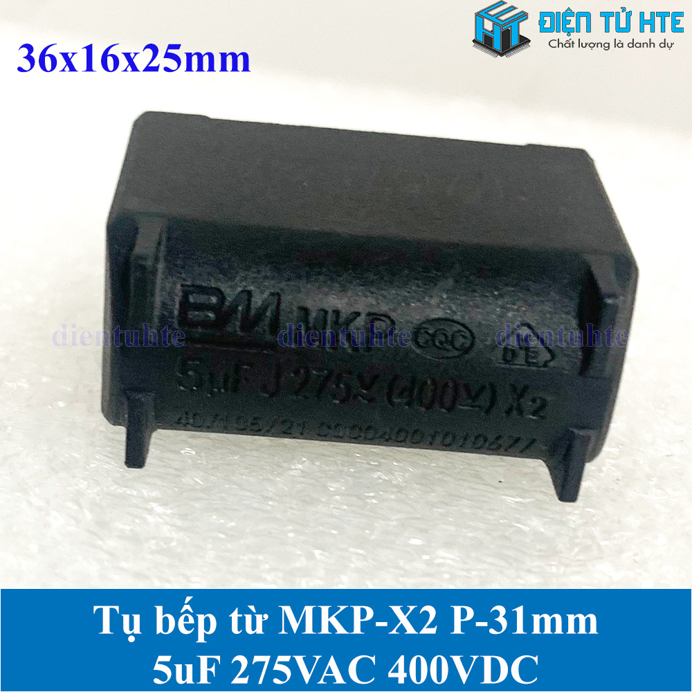 Tụ bếp từ MKP-X2 5uF 275VAC 400VDC pitch 31mm Đen size 36x16x25mm