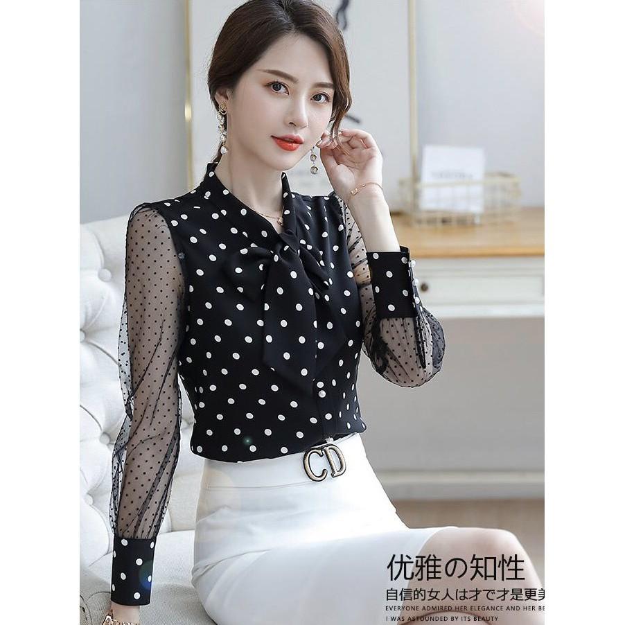 Áo sơ mi chấm bi phối nút cột nơ BY6359