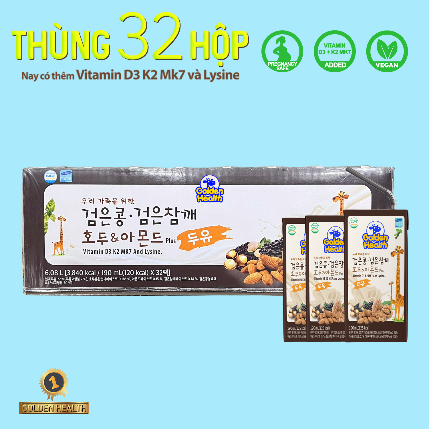 Sữa óc chó tăng chiều cao Golden Health Hàn Quốc - Hộp 190ml - Thùng 32 hộp