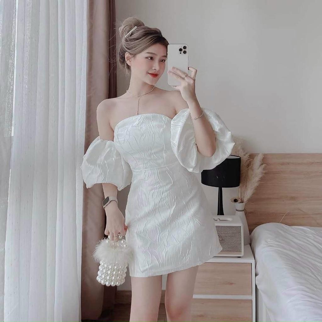 Đầm váy nữ trễ vai cúp ngực họa tiết tay phồng xốp gân ( có mút ngực ) màu trắng thanh lịch , dự tiệc dạo phố Hàn Quốc