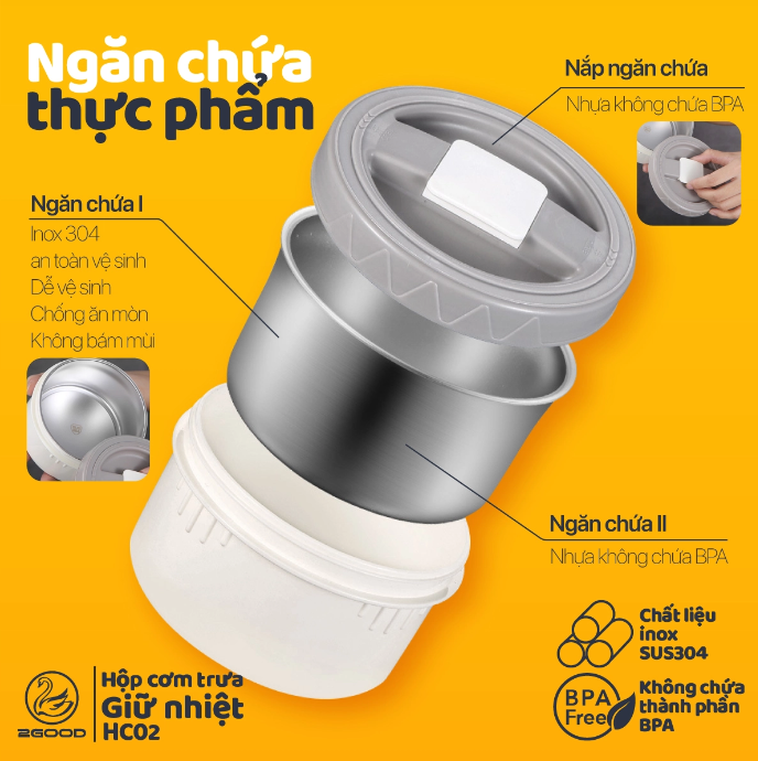 Hộp Cơm Giữ Nhiệt 2GOOD HC-02 Dung Tích 2L Giữ Nhiệt 6-8 Tiếng - Hàng Chính Hãng