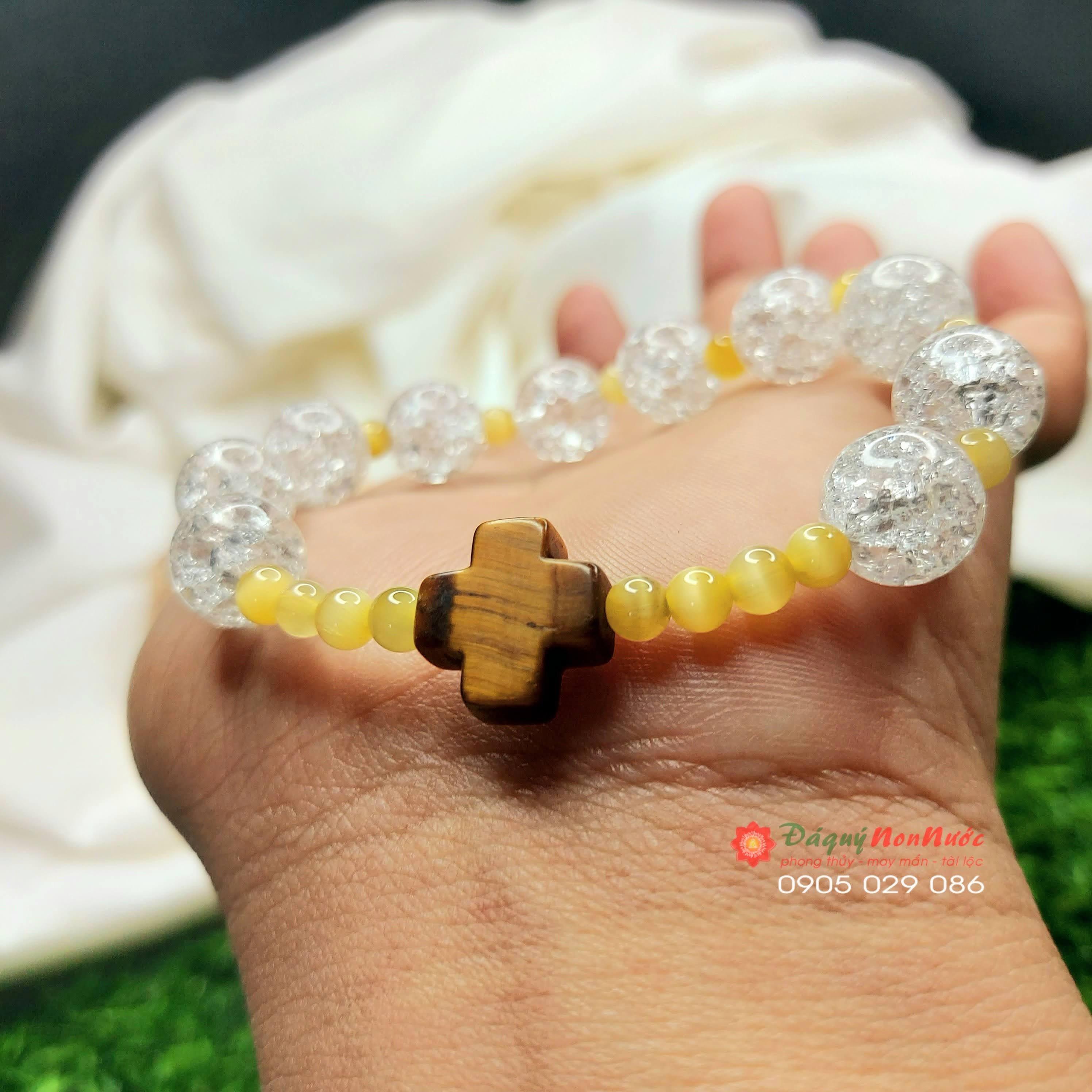 Chuỗi mân côi pha lê trắng mix thánh giá đá măt hổ