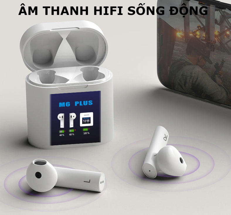 Tai nghe bluetooth M6 Plus tích hợp đo nhiệt độ cơ thể, bluetooth 5.0, chống nước IP4, nghe nhạc và đàm thoại phù hợp cho mọi loại điện thoại ( hàng chính hãng )