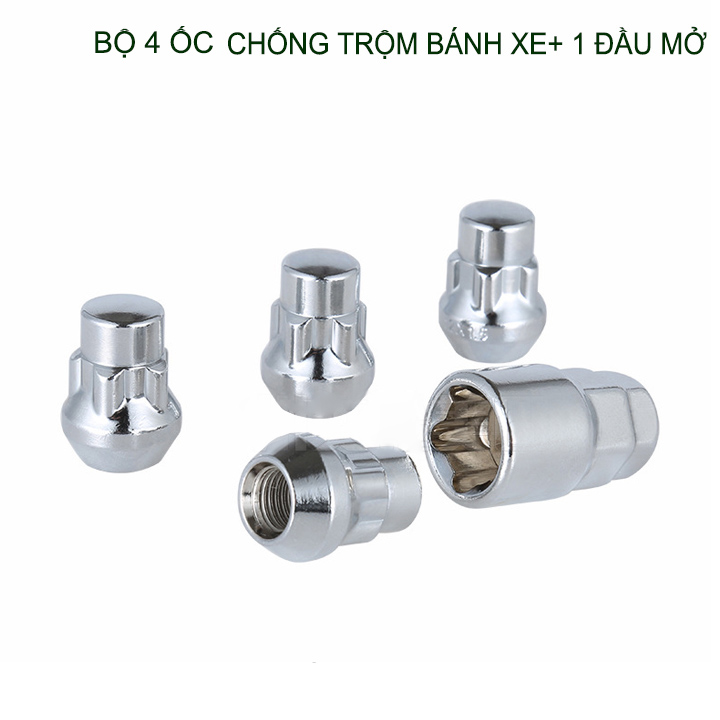 Combo 4 Đai ốc chống trộm bánh xe ôtô và 01 đầu khẩu mở, loại 12x1.5-12x1.25-14x1.5 tùy chọn