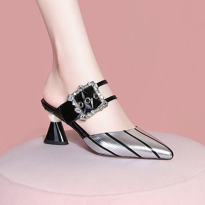 Giày cao gót mũi nhọn đính đá màu sắc thời trang mùa hè cho nữ 2021