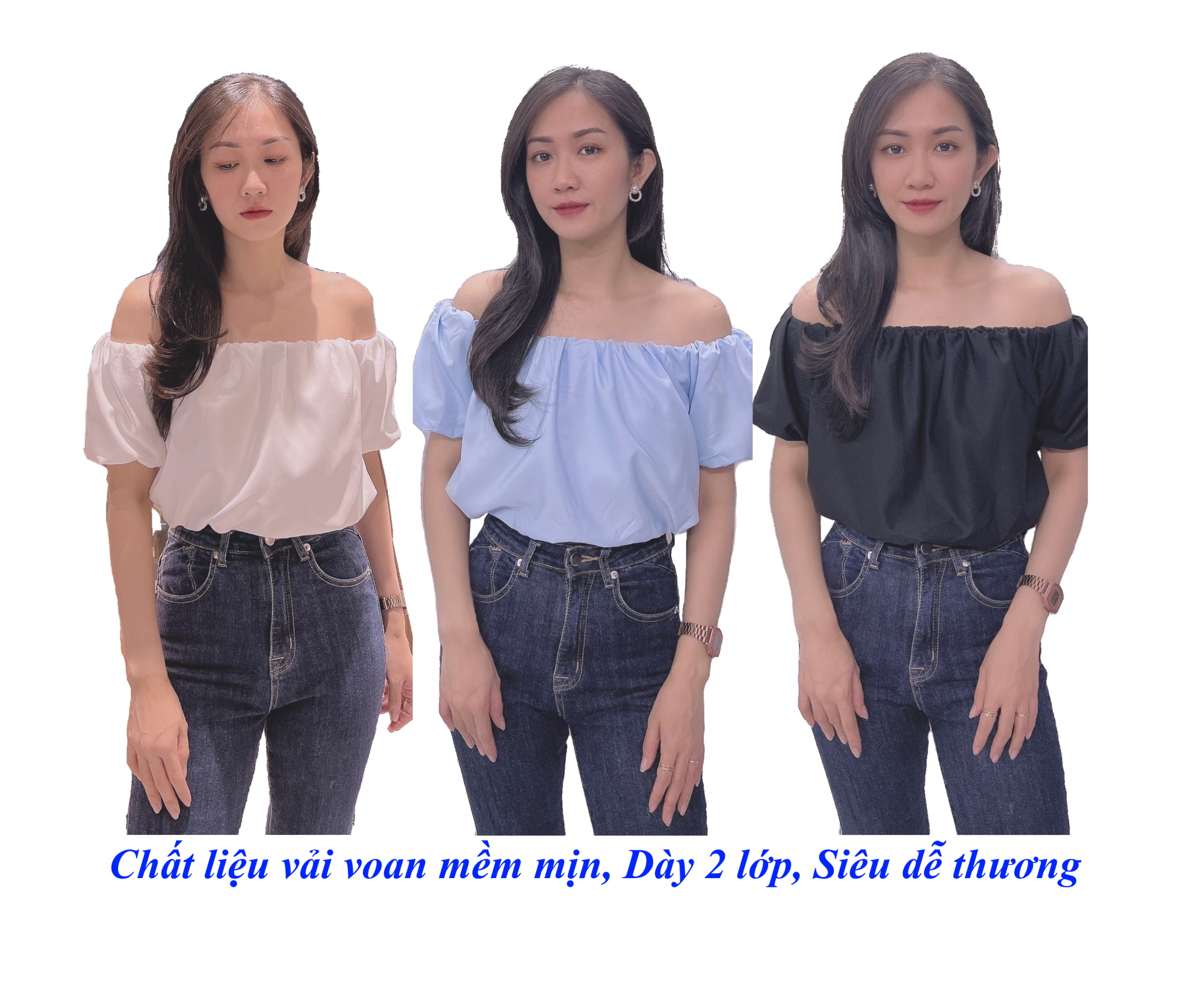 Áo trễ vai Kiểu ngắn tay Chất liệu vải voan 2 lớp mềm mịn Màu trơn, Sang trọng, Thanh lịch, Dễ thương, Siêu nữ tính