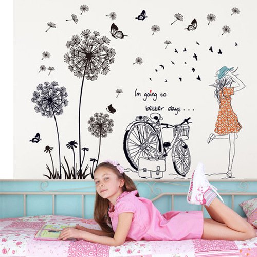 Decal dán tường hoa bồ công anh và cô gái combo trang trí lãng mạn