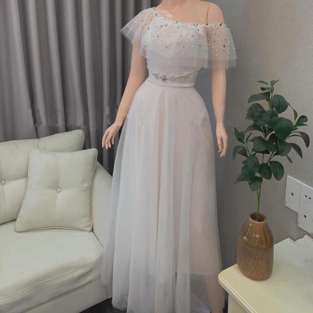 Đầm Maxi xoè lưới bẹt vai kết cườm treo -MS33Y- Size M L đến 58kgMM MM