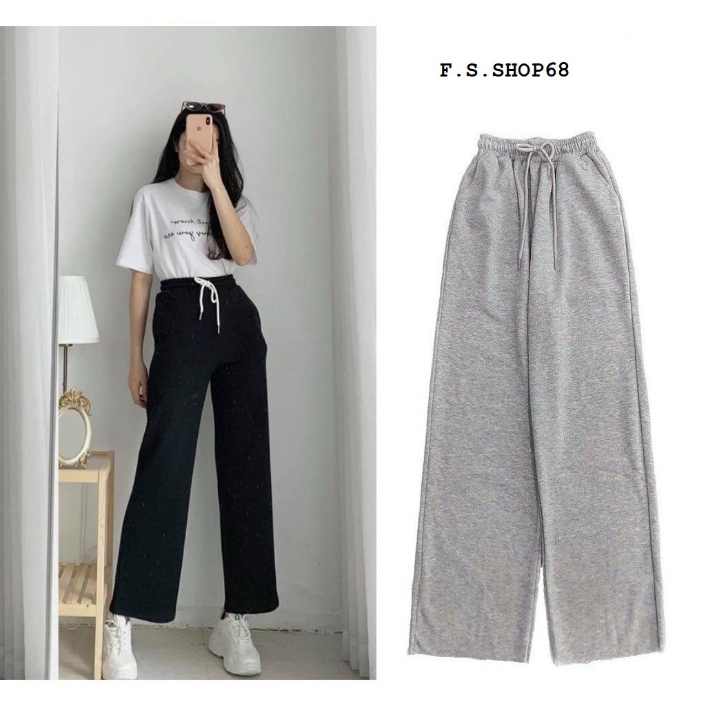 Quần Ống Suông Lưng Cao Unisex Chất Vải Thun Da Cá - Quần Ống Rộng Nỉ 2 Màu Đen Xám