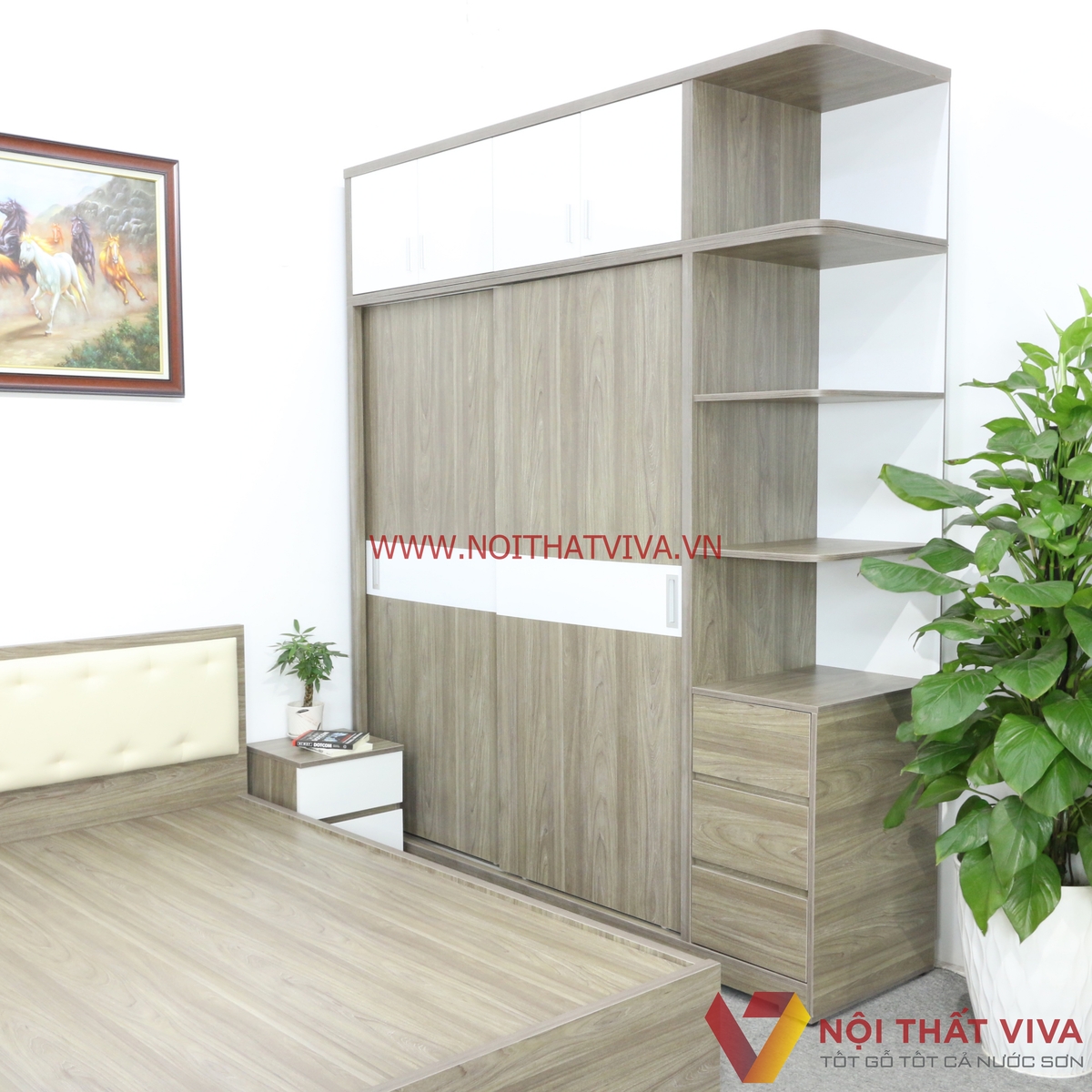 Bộ Combo Phòng Ngủ Tủ Kịch Trần Gỗ MDF Màu Xám Phối Trắng Cao Cấp Đẹp