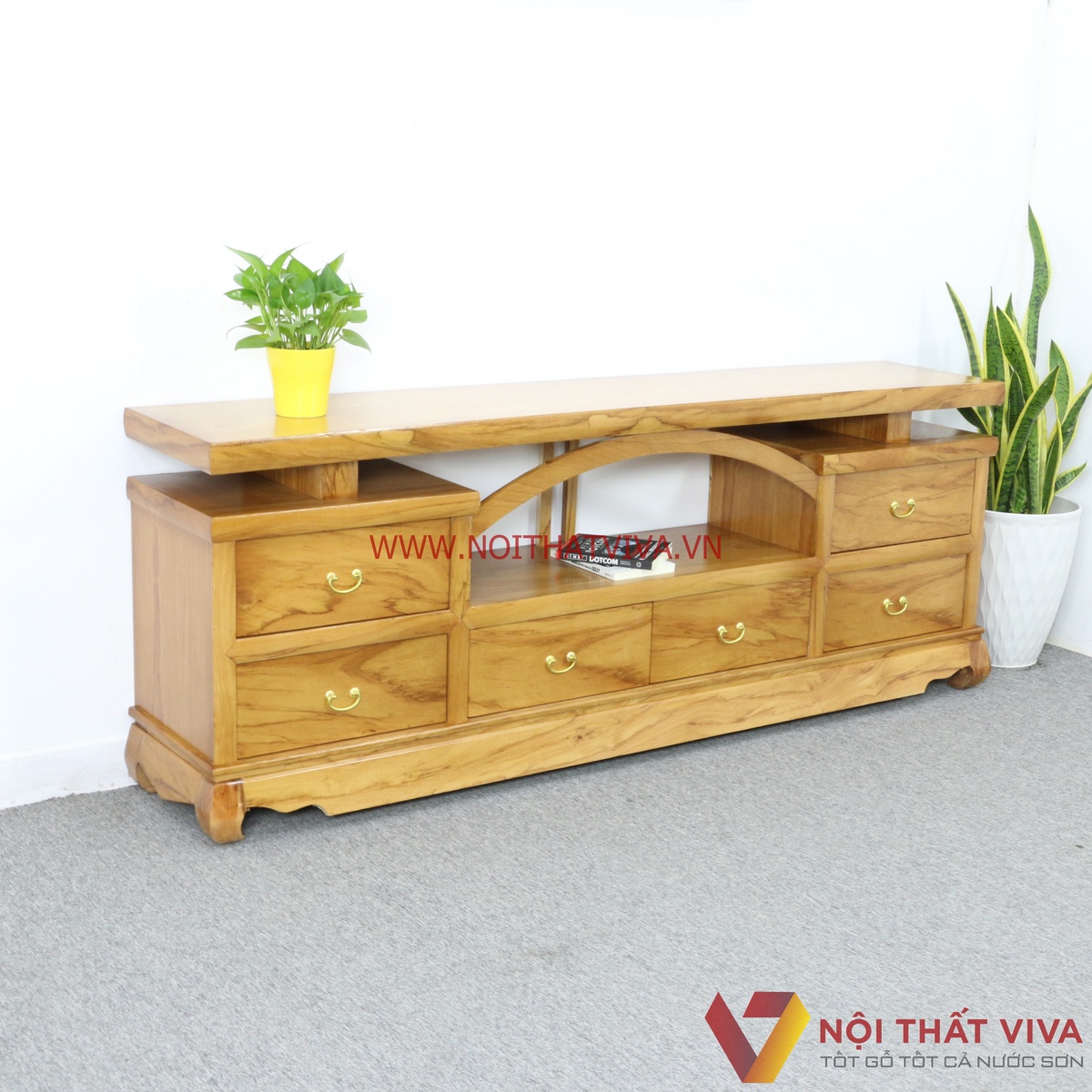 Tủ Kệ Tivi Gỗ Gõ Đỏ Vòm 6 Hộc Kéo Hiện Đại Đẹp Giá Rẻ