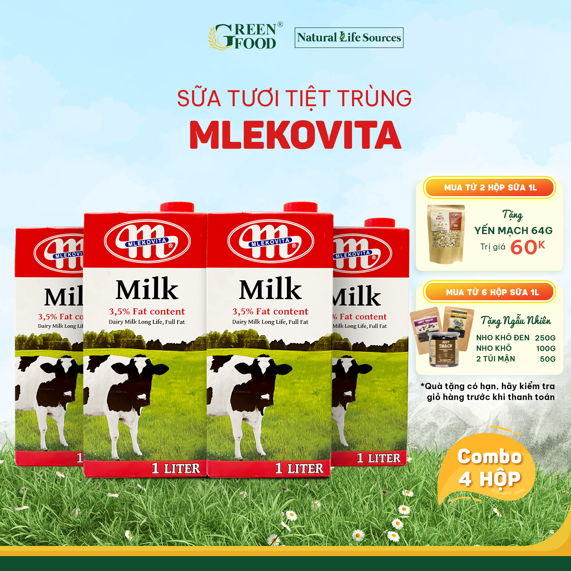 Combo 4 Sữa Tươi Tiệt Trùng Mlekovita Nguyên Kem 1L - Béo Cao 3.5%, Không Đường, Nhập Khẩu từ Ba Lan