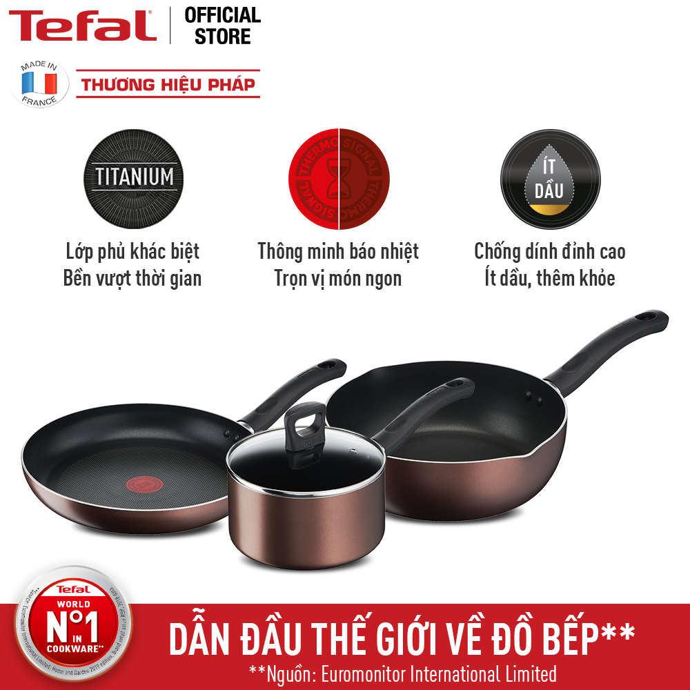 Bộ 3 nồi chảo chống dính đáy từ Tefal Day By Day dùng cho mọi loại bếp (nồi 18cm, chảo 24cm) - Hàng chính hãng