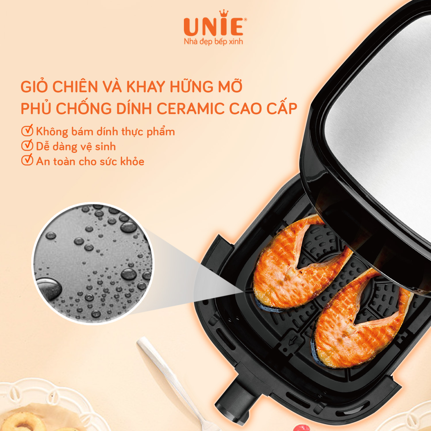 Nồi Chiên Không Dầu UNIE UE-600 Tiêu Chuẩn Đức 8 Chương Trình Nướng Dung Tích 6.5 Lít Công Suất 1500 W - Hàng Chính Hãng