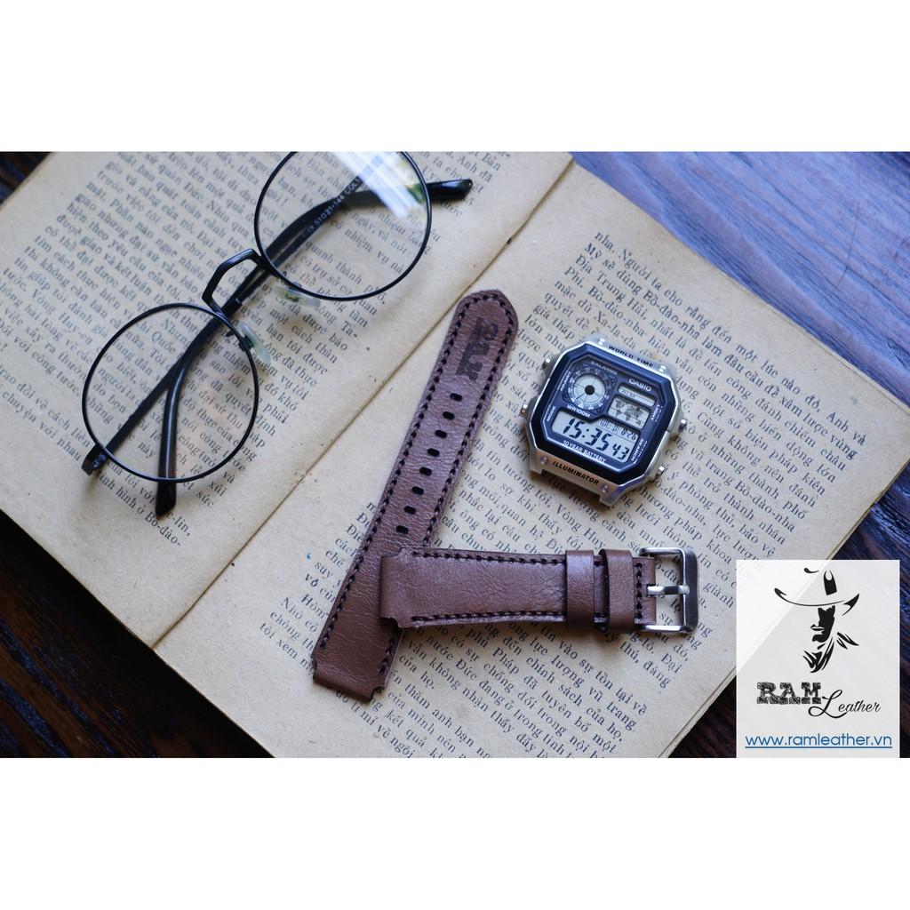 DÂY ĐỒNG HỒ DA BÒ CÀ PHÊ SỮA - DA BÒ THẬT - RAM CÀ PHÊ SỮA - RAM LEATHER - SIZE CASIO AE1200/SEIKO5