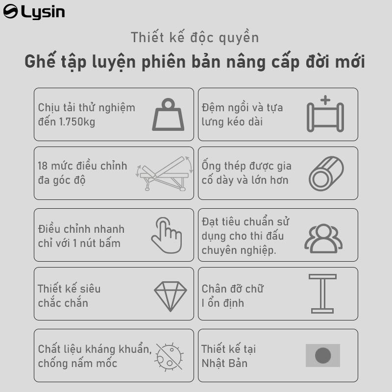 Ghế Tập Thể Hình Đa Năng LYSIN - Ghế Tập Tạ Tay Và Đẩy Ngực Tại Nhà, điều chỉnh linh hoạt 18 mức